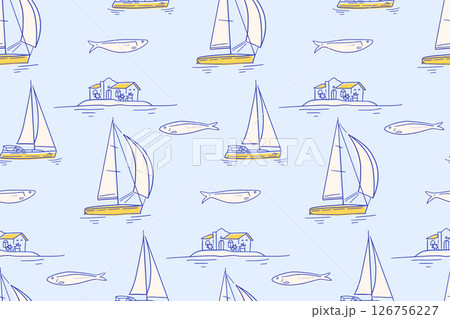 Summer sea coast pattern with yachts, island and sardines. Italy and Amalfi coast seamless background. Italian hand drawn pattern with boat, sailboat, rock, coastal house. Linear vector illustration. 126756227