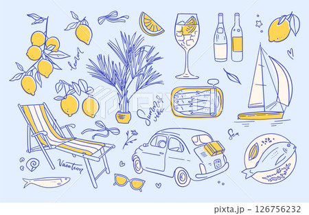 Italian amalfi summer vacation elements set with lemons in doodle style . Vector linear ink hand drawn Italy coast sea or beach stuff. Sea weekend collection for beach party, picnic. Italian amalfi summer vacation elements set with lemons in doodle style . Vector linear ink hand drawn Italy coast sea or beach stuff. Sea weekend collection for beach party, picnic. 126756232