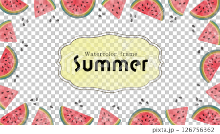 可愛的西瓜圖案相框。夏季水彩水果背景。水彩裝飾。 可愛的西瓜圖案相框。夏季水彩水果背景。水彩裝飾。 126756362