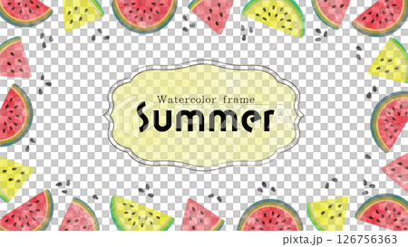 Cute frame with watermelon pattern. Summery watercolor fruit background. Watercolor decoration. Cute frame with watermelon pattern. Summery watercolor fruit background. Watercolor decoration. 126756363