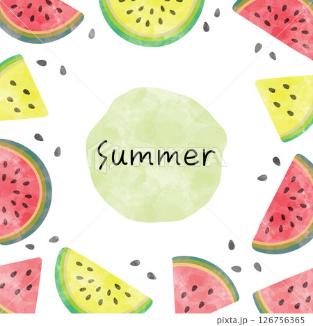 スイカ柄の可愛いフレーム。夏っぽい水彩で描いたフルーツの背景。ウォーターカラーの装飾。 126756365