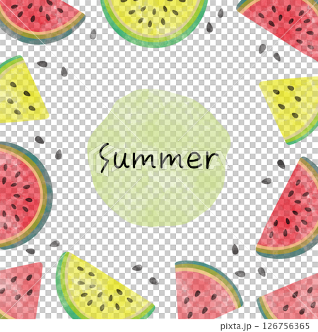 スイカ柄の可愛いフレーム。夏っぽい水彩で描いたフルーツの背景。ウォーターカラーの装飾。 126756365