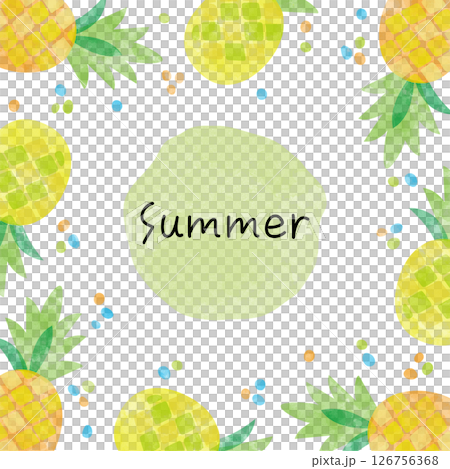 Cute frame with pineapple pattern. Summery watercolor fruit background. Watercolor decoration. 126756368