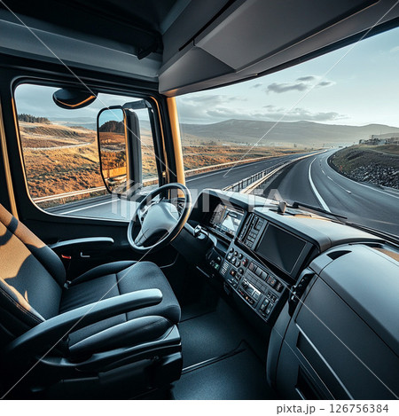 長距離トラック運転中の山道の眺め 126756384