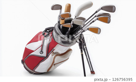 Red golf bag with clubs on white background 126756395