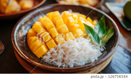 Delicious mango sticky rice from Thailand served with fresh mango and coconut-infused sticky rice 126756584