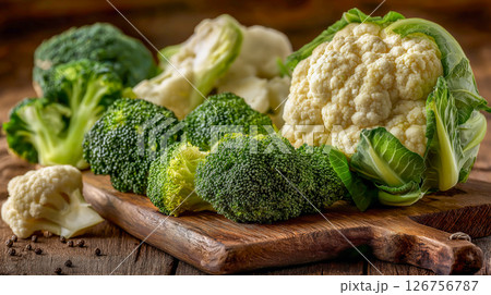 Fresh broccoli and cauliflower on a wooden board 126756787