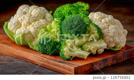 Fresh broccoli and cauliflower on a wooden board 126756801