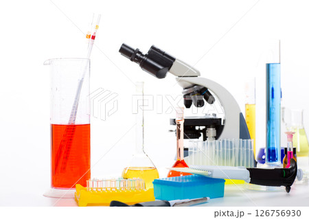 Chemical laboratory with microscope test tube flask 126756930