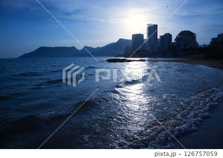 Cantal roig beach in blue sunset at Calpe in Alicante Cantal roig beach in blue sunset at Calpe in Alicante 126757059