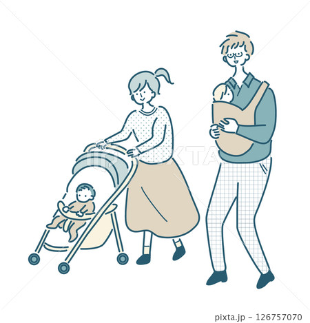 赤ちゃんのいる家族のシンプルな線画のベクターイラスト 126757070