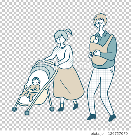 赤ちゃんのいる家族のシンプルな線画のベクターイラスト 126757070
