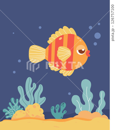 Tropical Striped Fish with algae and coral on seabed on blue background. Vector illustration. Kids collection 126757100