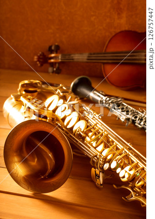 Classic music Sax tenor saxophone violin and clarinet vintage 126757447