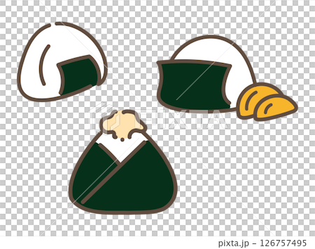 一組三隻用海苔包裹的手繪飯糰 126757495