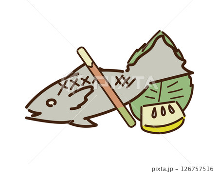 ゆるかわ盛り付けされた焼き魚大葉とレモン ゆるかわ盛り付けされた焼き魚大葉とレモン 126757516