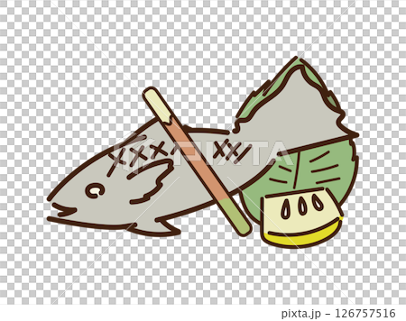 ゆるかわ盛り付けされた焼き魚大葉とレモン ゆるかわ盛り付けされた焼き魚大葉とレモン 126757516