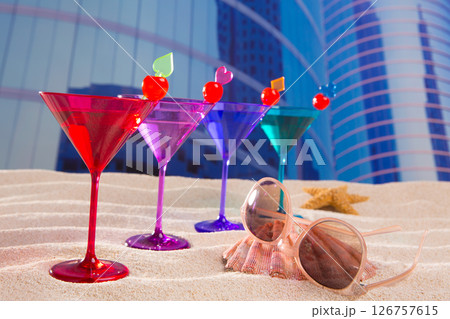 colorful cocktail in a row with cherry sand in urban city colorful cocktail in a row with cherry sand in urban city 126757615