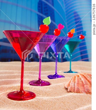 colorful cocktail in a row with cherry sand in urban city 126757616
