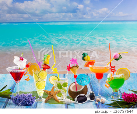 Colorful many tropical Cocktails in tropical blue wood Colorful many tropical Cocktails in tropical blue wood 126757644