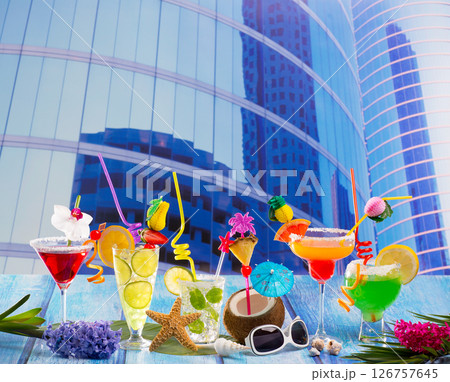 Colorful many tropical Cocktails in urban city building 126757645