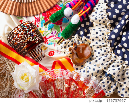Espana typical from Spain with castanets rose flamenco fan 126757667