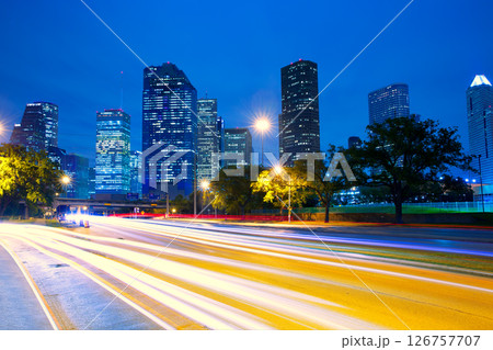 Houston Texas skyline at sunset with traffic lights 126757707