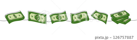 Money bills set one line colored continuous drawing. Money investment and finance. Vector illustration. Money bills set one line colored continuous drawing. Money investment and finance. Vector illustration. 126757887