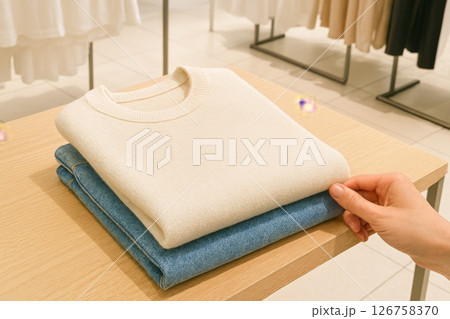 Knitwear clothes sale with folded sweaters and sale sign, retail store display 126758370