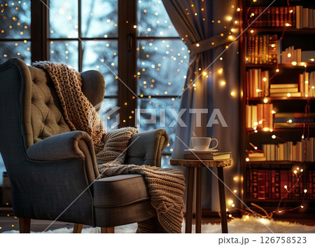 Cozy reading nook with a blue armchair, warm blanket, and a cup on a wooden table. Bookshelves filled with books and fairy lights create a warm atmosphere. 126758523