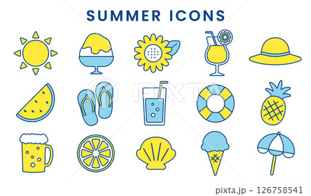 夏のイラストアイコンセット/ポップで明るい季節素材(線あり/紺) 夏のイラストアイコンセット/ポップで明るい季節素材(線あり/紺) 126758541