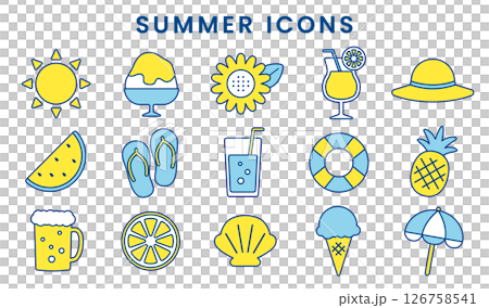 Summer illustration icon set / Pop and bright seasonal material (with lines / navy blue) 126758541