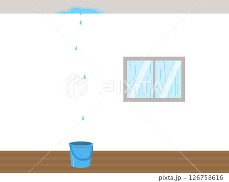 青い窓と白壁に雨漏り 126758616