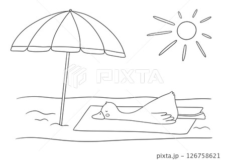 Cute baby goose lies on beach, sunbathing under summer sun. Funny cartoon outline bird isolated on white background for childish coloring book and page 126758621