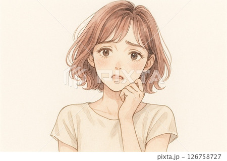 悩む女性イラスト｜不安・困り顔のフリー素材 126758727