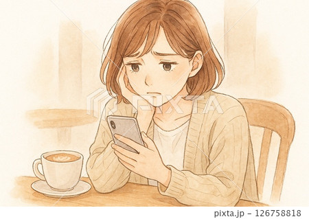 スマホを見て悩む女性イラスト｜カフェでの不安シーン 126758818