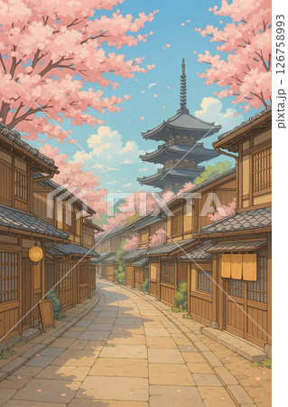 春の京都・桜咲く伝統的な街並み（アニメ風イラスト） 126758993