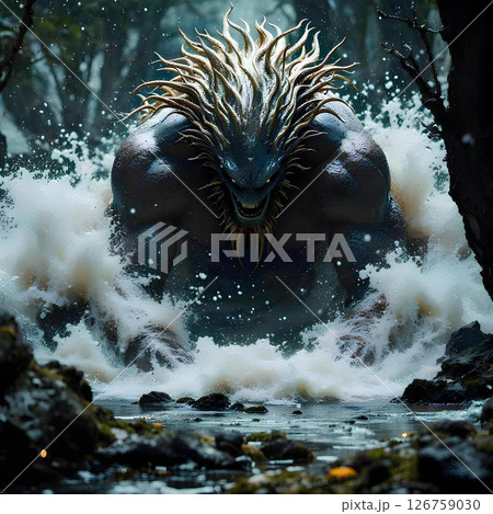 a primitive monster emerging from the river 126759030