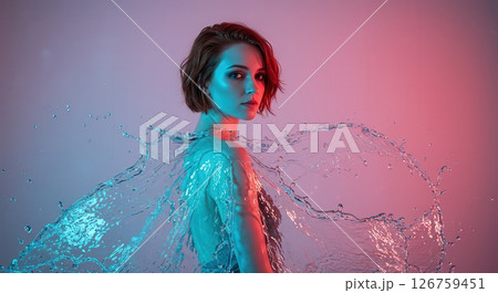 Artistic portrait of a woman with vibrant water splashes and neon lighting 126759451