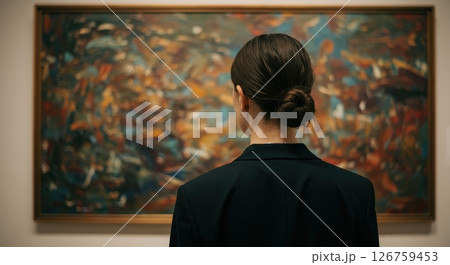 Woman with elegant bun hairstyle contemplating abstract painting in an art gallery or museum 126759453