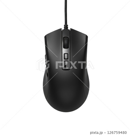 Modern black wired gaming computer mouse with multiple buttons and scroll wheel top view isolated Modern black wired gaming computer mouse with multiple buttons and scroll wheel top view isolated 126759480
