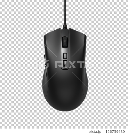 Modern black wired gaming computer mouse with multiple buttons and scroll wheel top view isolated Modern black wired gaming computer mouse with multiple buttons and scroll wheel top view isolated 126759480