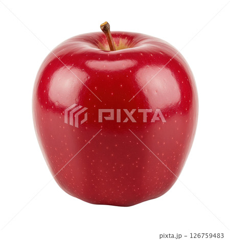 Fresh ripe shiny red apple with stem perfectly isolated fruit object element for healthy eating 126759483