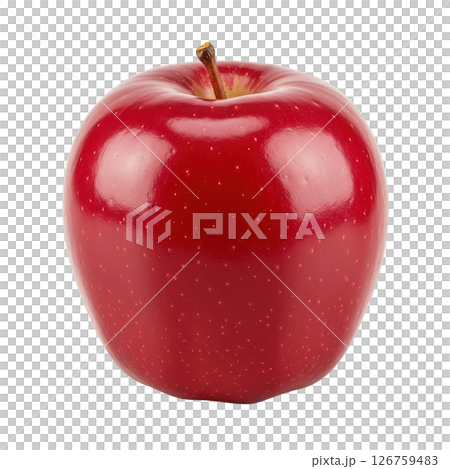 Fresh ripe shiny red apple with stem perfectly isolated fruit object element for healthy eating 126759483
