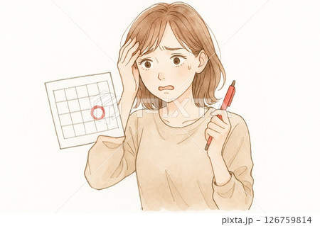 締め切りに焦る女性イラスト｜カレンダーと赤ペンの不安 126759814