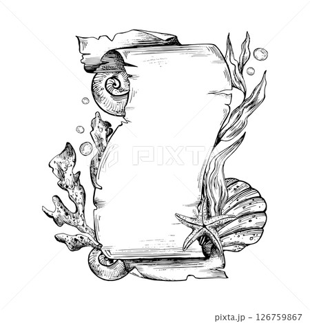 Papyrus rolled scroll with jagged edges, space for text with corals, shells, starfish, sea sponges, algae, bubbles. Graphic illustration, hand drawn with black ink. Template, vertical frame, board EPS Papyrus rolled scroll with jagged edges, space for text with corals, shells, starfish, sea sponges, algae, bubbles. Graphic illustration, hand drawn with black ink. Template, vertical frame, board EPS 126759867