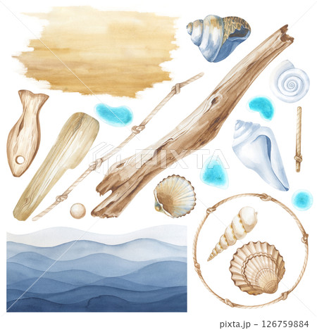 A set of watercolor shells, pieces of wood, knotted jute rope, turquoise glass and ocean waves, hand-painted on a white background. Watercolor marine illustrations. Objects for wallpaper design 126759884