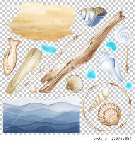 A set of watercolor shells, pieces of wood, knotted jute rope, turquoise glass and ocean waves, hand-painted on a white background. Watercolor marine illustrations. Objects for wallpaper design 126759884
