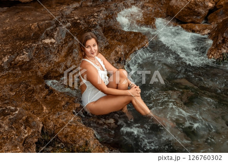 Woman Swimsuit Rock Formation Beach Relaxation 126760302