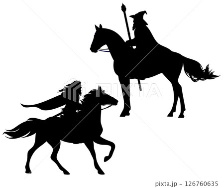 fairy tale old bearded wizard with magic staff riding horse black vector silhouette set 126760635